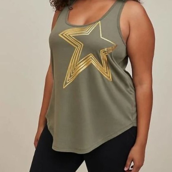 torrid Tops - NWT 4X Torrid Scoop Neck Active Performance Cotton Tank Olive with Gold Star!